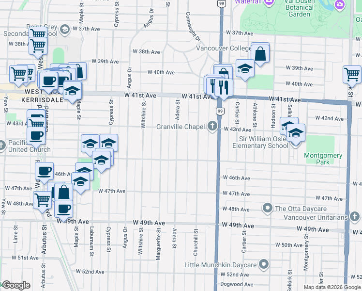 map of restaurants, bars, coffee shops, grocery stores, and more near 6012 Adera Street in Vancouver