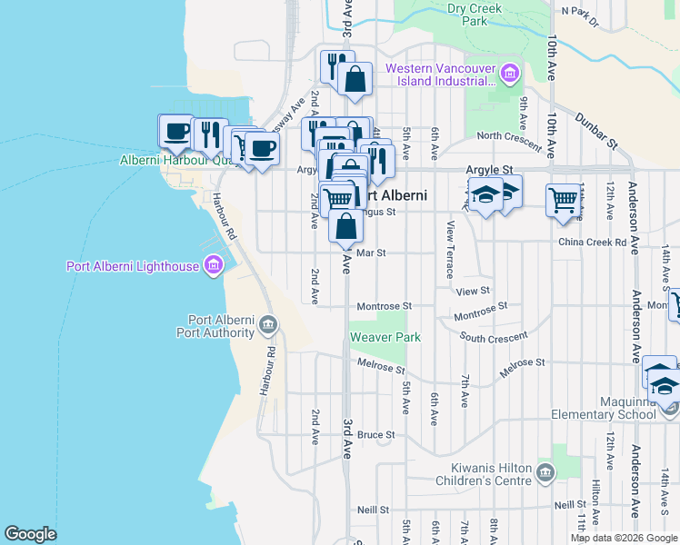 map of restaurants, bars, coffee shops, grocery stores, and more near 2868 3rd Avenue in Port Alberni