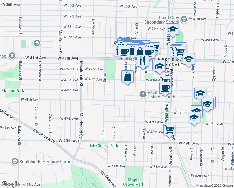 map of restaurants, bars, coffee shops, grocery stores, and more near 6050 Larch Street in Vancouver