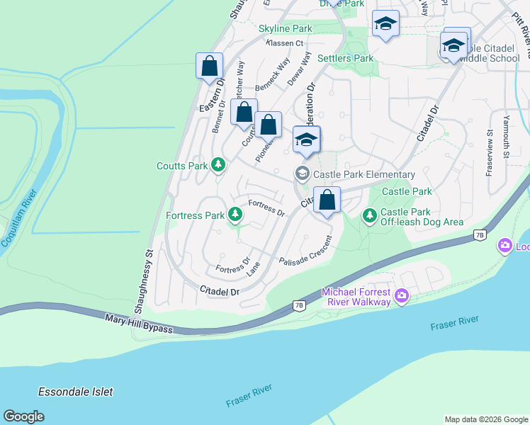 map of restaurants, bars, coffee shops, grocery stores, and more near 2618 Fortress Drive in Port Coquitlam