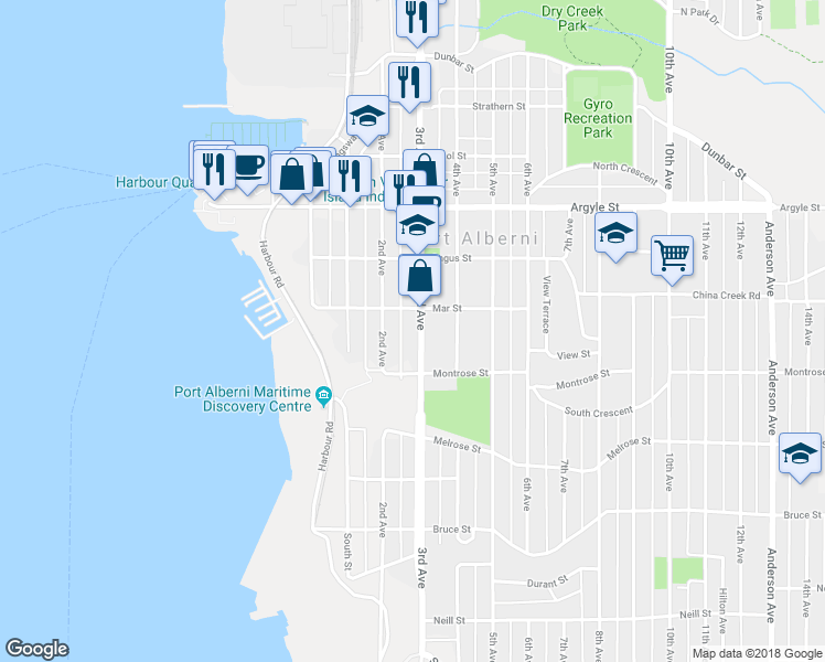 map of restaurants, bars, coffee shops, grocery stores, and more near 2868 3rd Avenue in Port Alberni