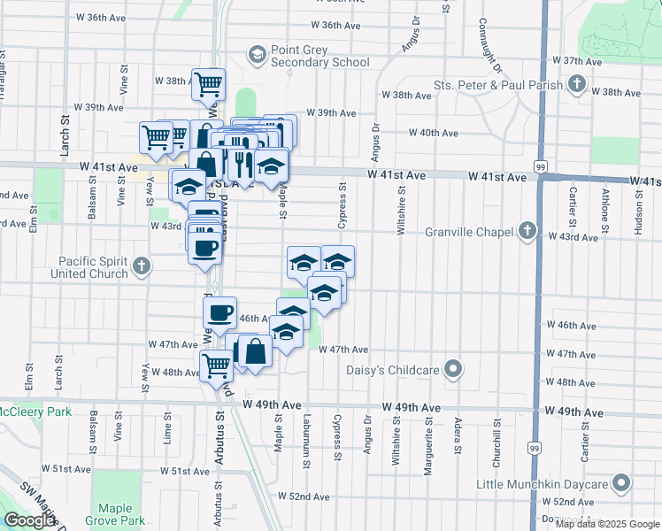map of restaurants, bars, coffee shops, grocery stores, and more near 1918 West 44th Avenue in Vancouver