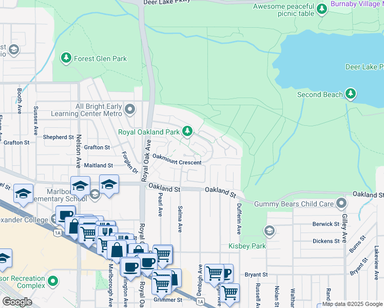 map of restaurants, bars, coffee shops, grocery stores, and more near 5262 Oakmount Crescent in Burnaby