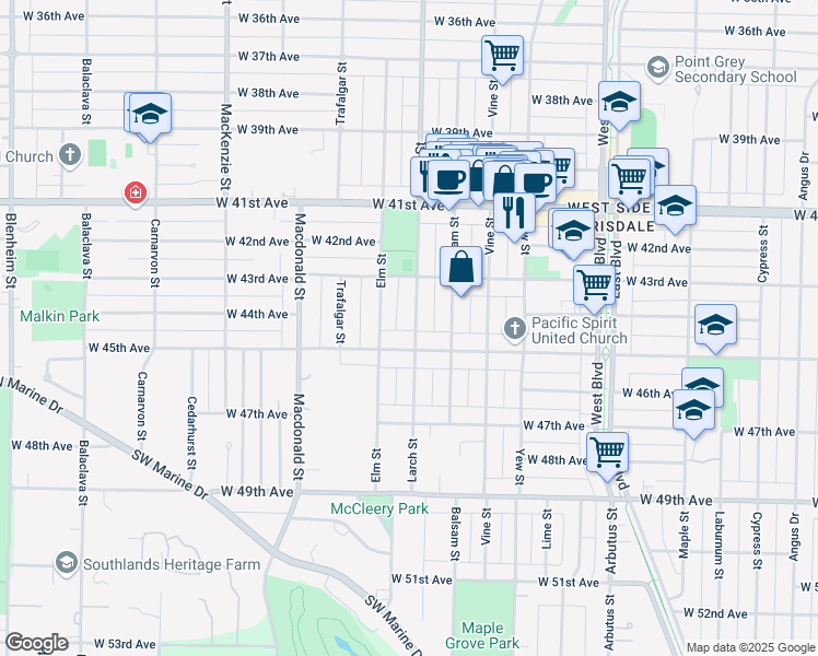 map of restaurants, bars, coffee shops, grocery stores, and more near 6051 Larch Street in Vancouver