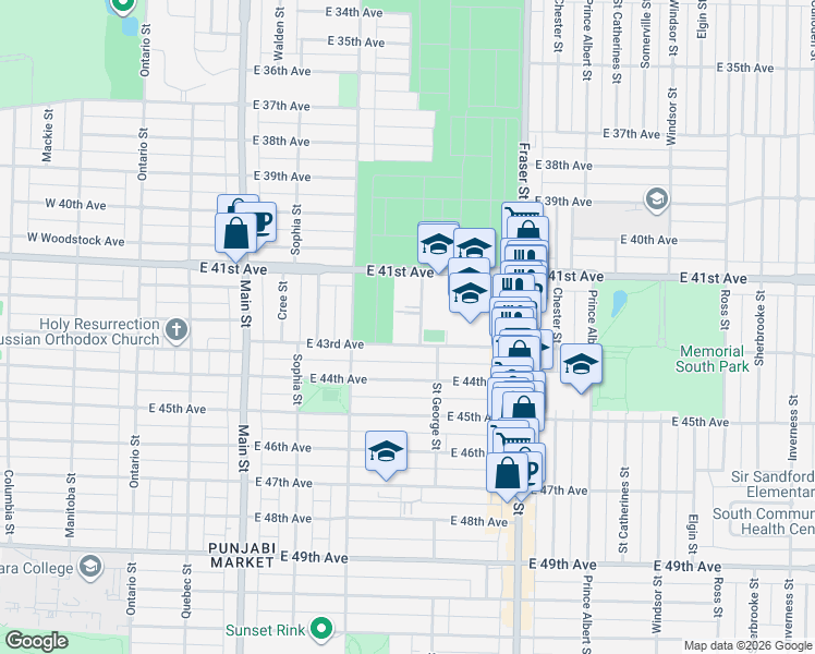 map of restaurants, bars, coffee shops, grocery stores, and more near 5855 Saint George Street in Vancouver