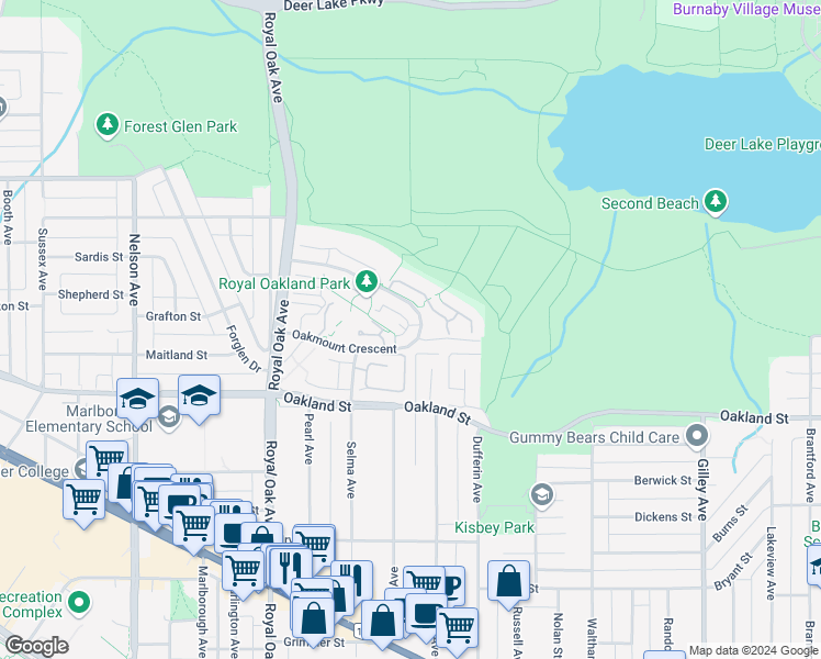 map of restaurants, bars, coffee shops, grocery stores, and more near 5240 Oakmount Crescent in Burnaby
