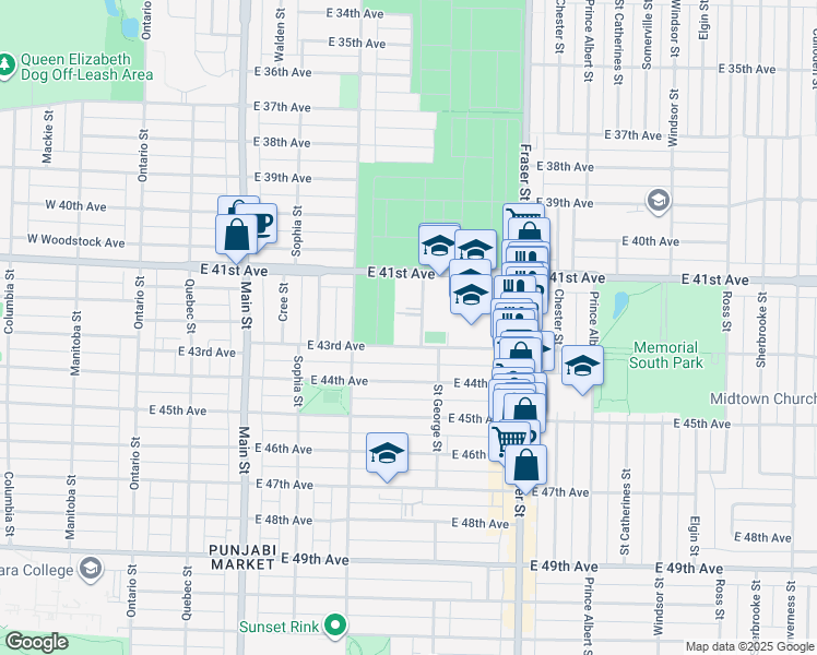 map of restaurants, bars, coffee shops, grocery stores, and more near 5855 Saint George Street in Vancouver