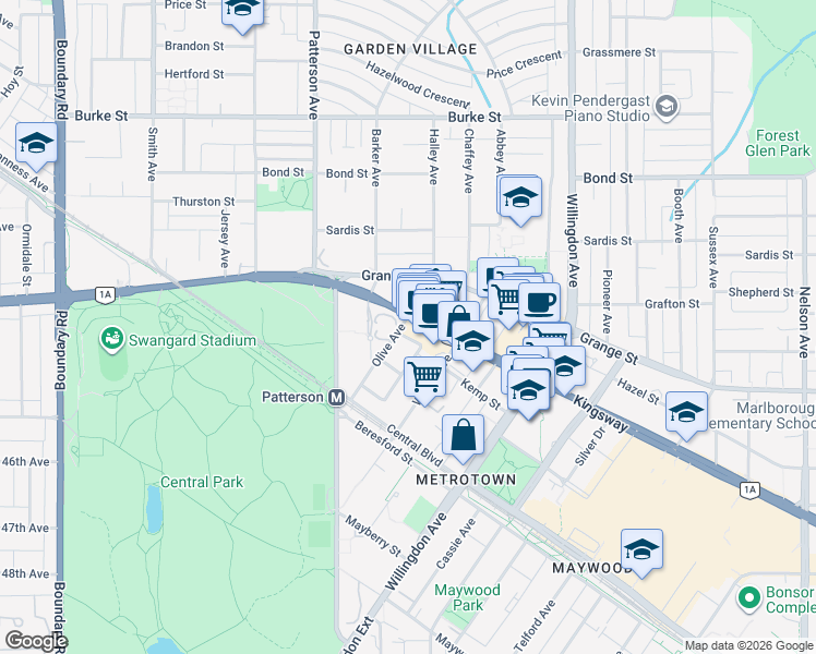 map of restaurants, bars, coffee shops, grocery stores, and more near 5848 Olive Avenue in Burnaby