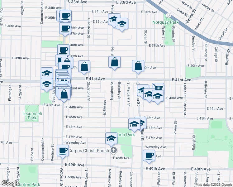 map of restaurants, bars, coffee shops, grocery stores, and more near 5775 Berkeley Street in Vancouver