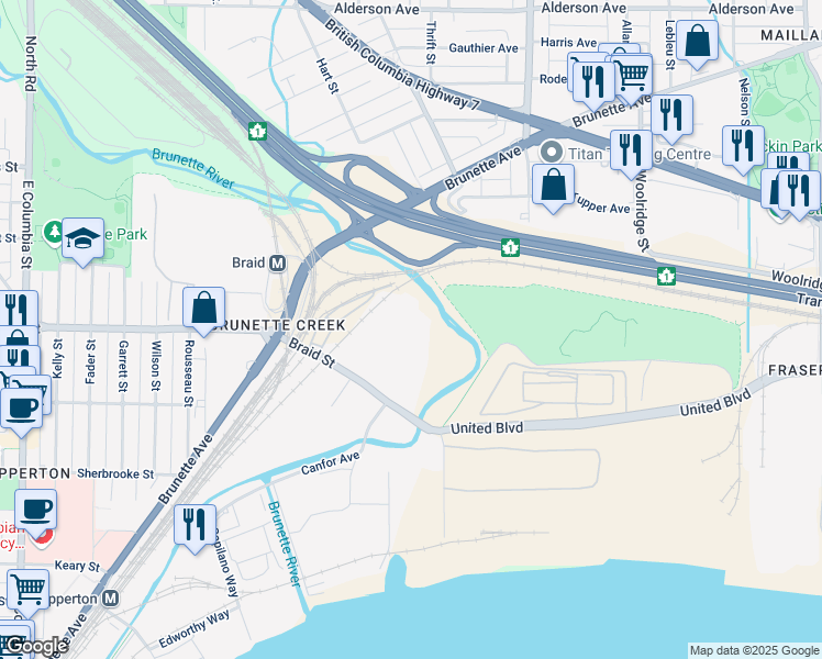 map of restaurants, bars, coffee shops, grocery stores, and more near 207-15 Braid Street in New Westminster