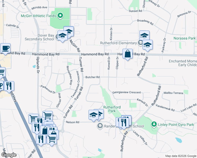 map of restaurants, bars, coffee shops, grocery stores, and more near 6007 Butcher Road in Nanaimo