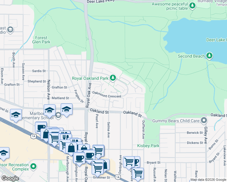 map of restaurants, bars, coffee shops, grocery stores, and more near 5262 Oakmount Crescent in Burnaby
