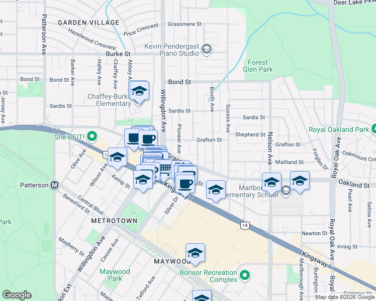 map of restaurants, bars, coffee shops, grocery stores, and more near 5864 Pioneer Avenue in Burnaby
