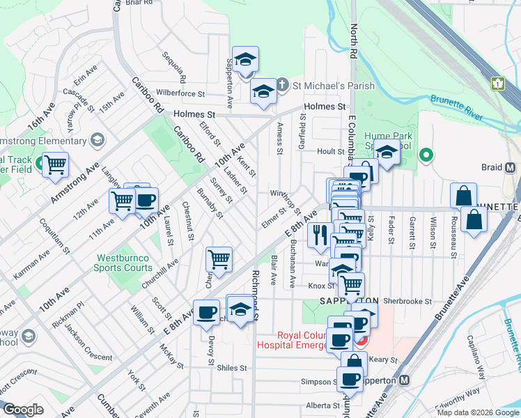 map of restaurants, bars, coffee shops, grocery stores, and more near 432 Richmond Street in New Westminster