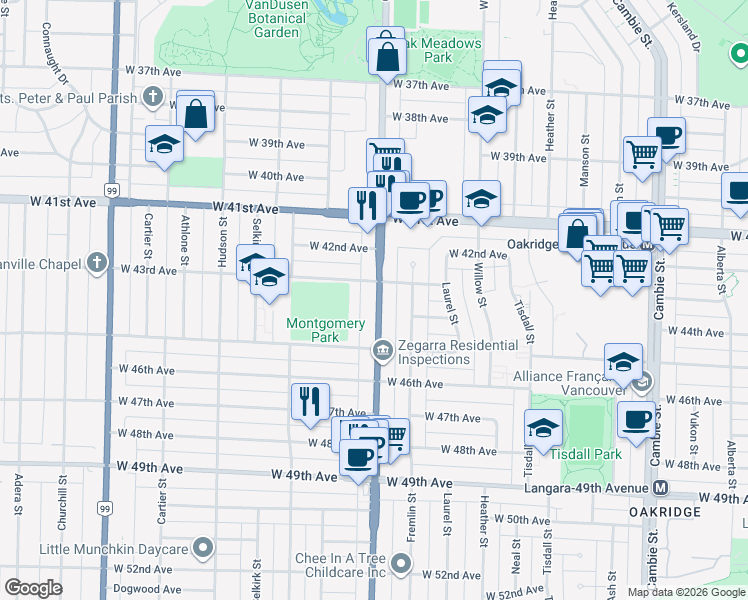 map of restaurants, bars, coffee shops, grocery stores, and more near 5961 Oak Street in Vancouver