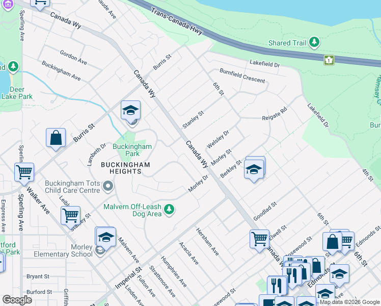 map of restaurants, bars, coffee shops, grocery stores, and more near 6375 Canada Way in Burnaby
