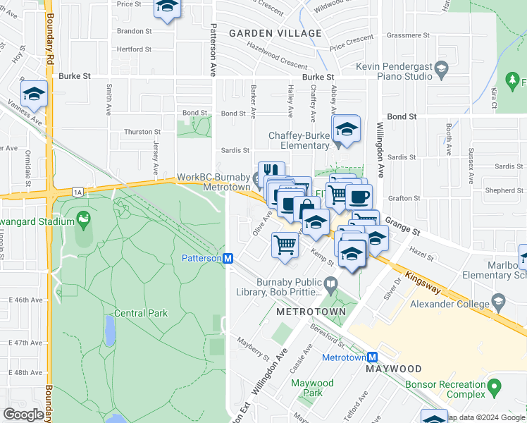 map of restaurants, bars, coffee shops, grocery stores, and more near 5885 Olive Avenue in Burnaby