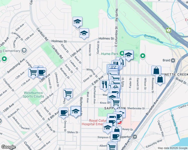map of restaurants, bars, coffee shops, grocery stores, and more near 454 Elmer Street in New Westminster