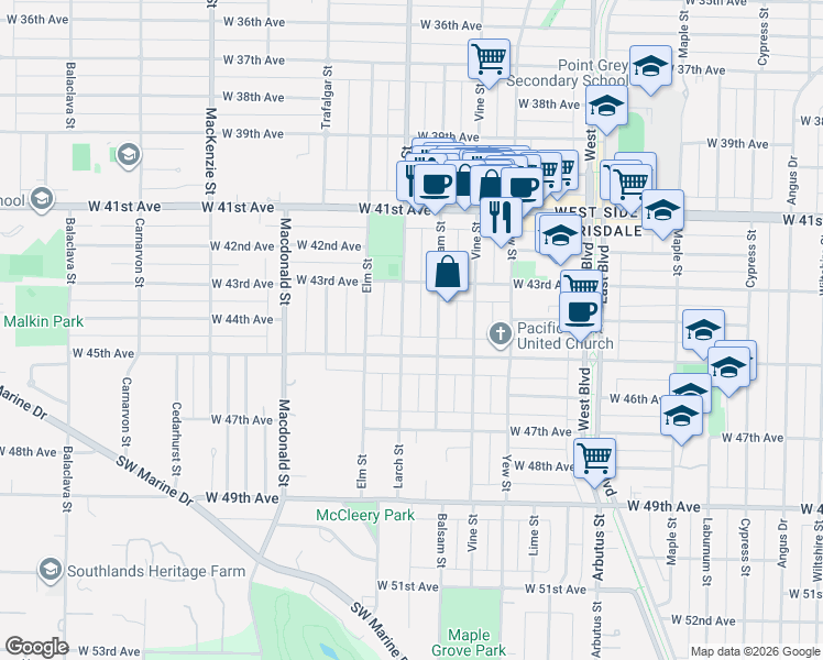 map of restaurants, bars, coffee shops, grocery stores, and more near 6040 Larch Street in Vancouver