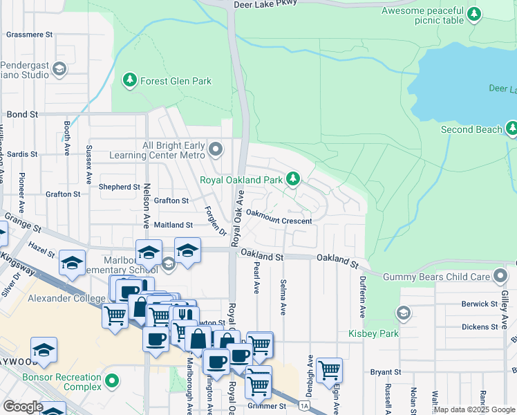 map of restaurants, bars, coffee shops, grocery stores, and more near 5280 Oakmount Crescent in Burnaby