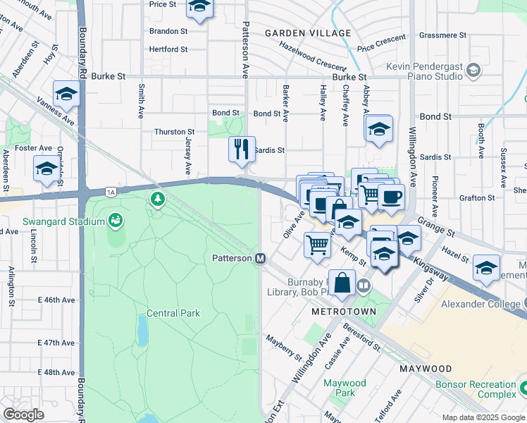 map of restaurants, bars, coffee shops, grocery stores, and more near 5808 Patterson Avenue in Burnaby
