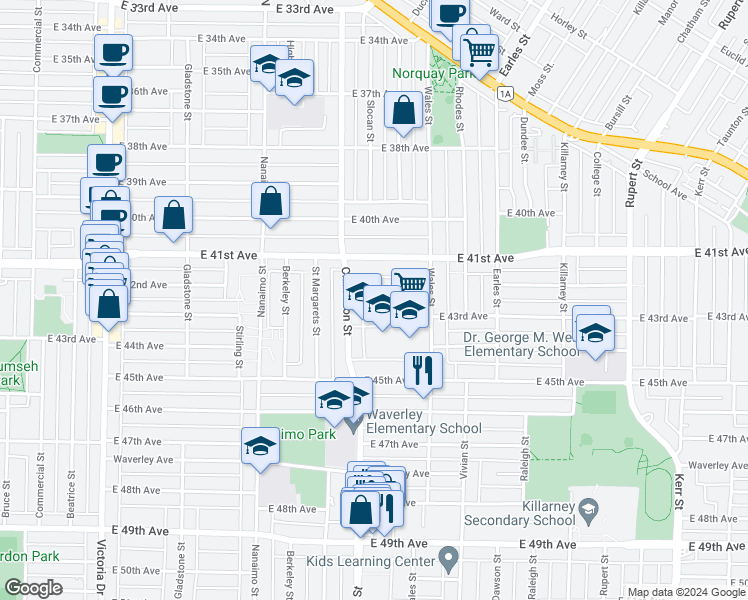 map of restaurants, bars, coffee shops, grocery stores, and more near 2540 East 42nd Avenue in Vancouver