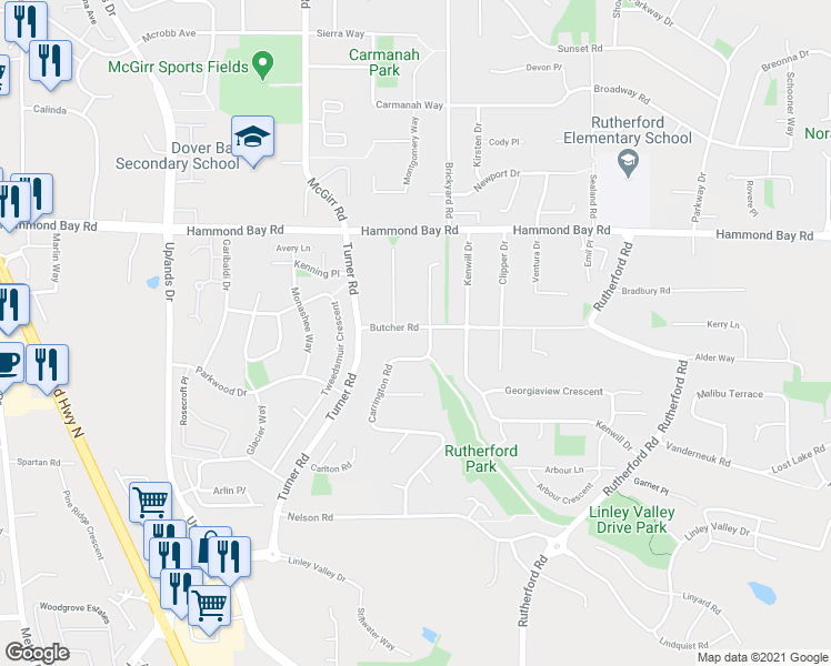 map of restaurants, bars, coffee shops, grocery stores, and more near 6007 Butcher Road in Nanaimo