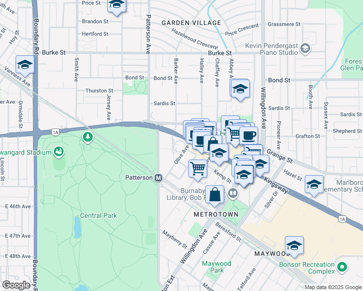 map of restaurants, bars, coffee shops, grocery stores, and more near 5885 Olive Avenue in Burnaby