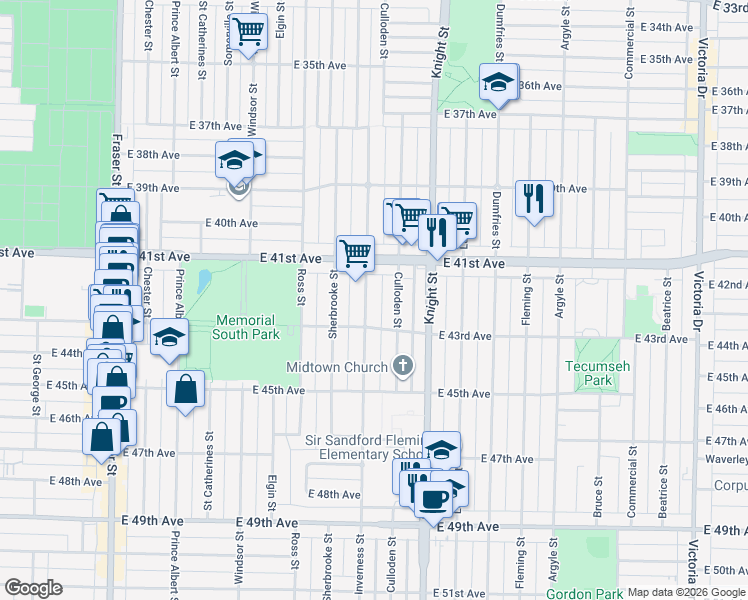 map of restaurants, bars, coffee shops, grocery stores, and more near 5824 Inverness Street in Vancouver