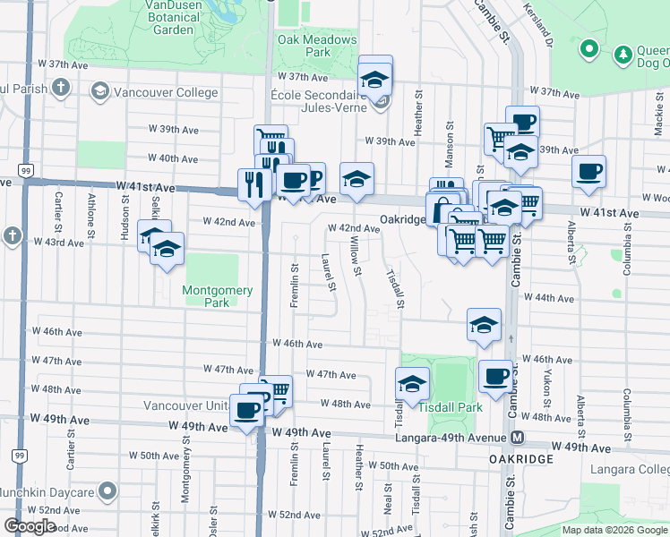 map of restaurants, bars, coffee shops, grocery stores, and more near 5942 Laurel Street in Vancouver