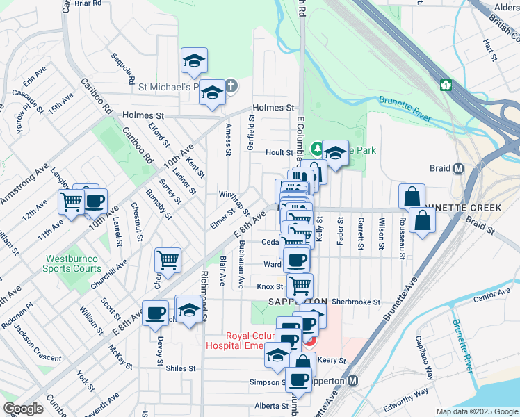 map of restaurants, bars, coffee shops, grocery stores, and more near 469 East 8th Avenue in New Westminster
