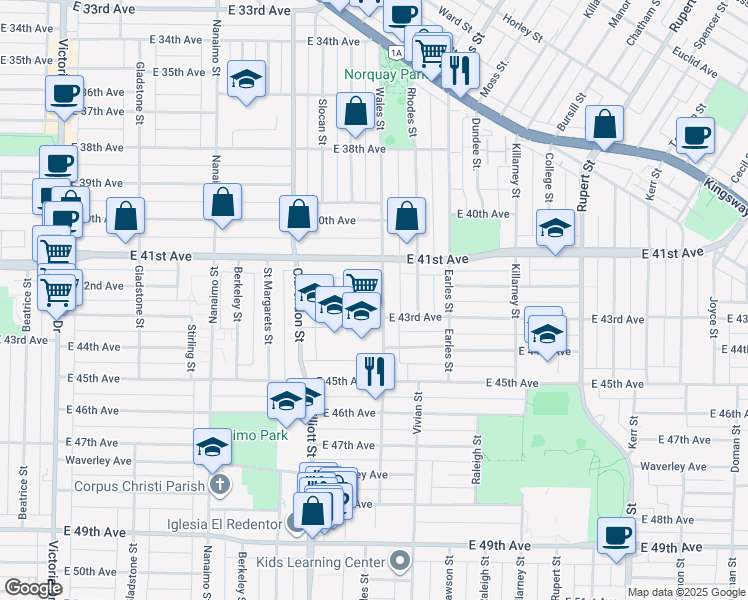 map of restaurants, bars, coffee shops, grocery stores, and more near 2690 East 42nd Avenue in Vancouver