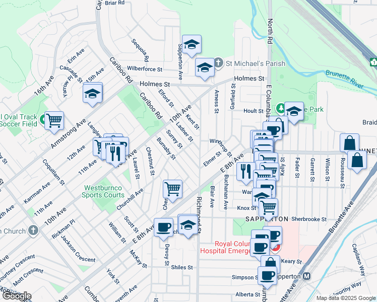 map of restaurants, bars, coffee shops, grocery stores, and more near 831 Surrey Street in New Westminster