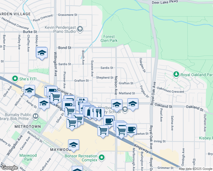 map of restaurants, bars, coffee shops, grocery stores, and more near 4821 Harley Court in Burnaby