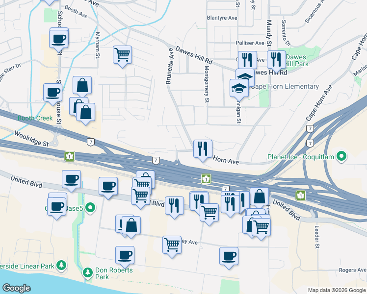 map of restaurants, bars, coffee shops, grocery stores, and more near 1875 Coleman Avenue in Coquitlam