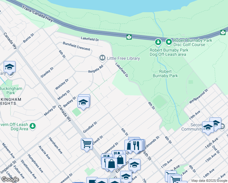 map of restaurants, bars, coffee shops, grocery stores, and more near 7932 Mayfield Street in Burnaby