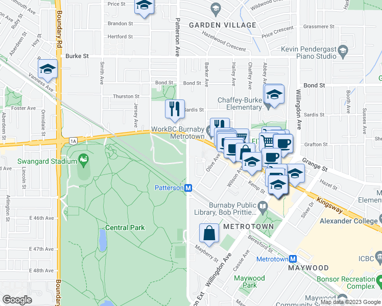 map of restaurants, bars, coffee shops, grocery stores, and more near 5812 Patterson Avenue in Burnaby