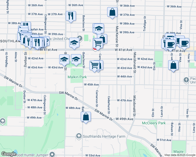 map of restaurants, bars, coffee shops, grocery stores, and more near 6025 Carnarvon Street in Vancouver