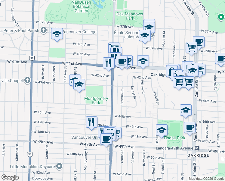 map of restaurants, bars, coffee shops, grocery stores, and more near 5946 Oak Street in Vancouver