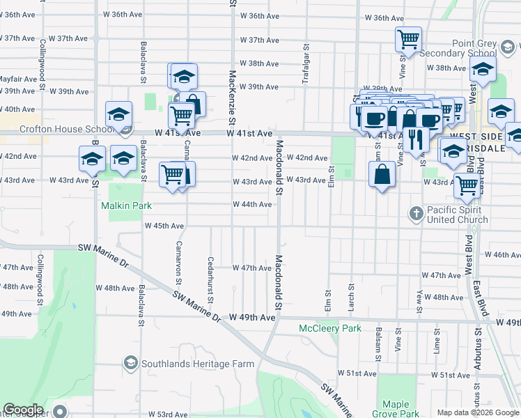 map of restaurants, bars, coffee shops, grocery stores, and more near 2832 West 44th Avenue in Vancouver