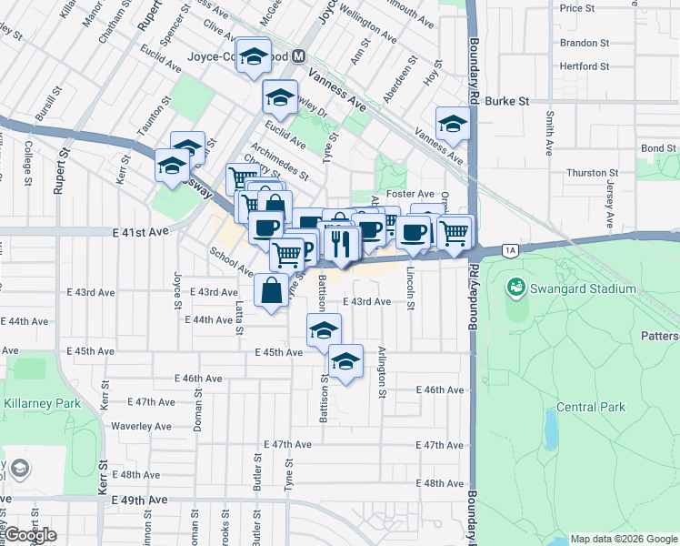 map of restaurants, bars, coffee shops, grocery stores, and more near 3490 Kingsway in Vancouver