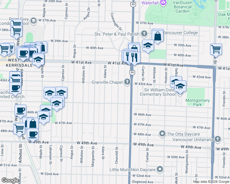 map of restaurants, bars, coffee shops, grocery stores, and more near 5989 Churchill Street in Vancouver