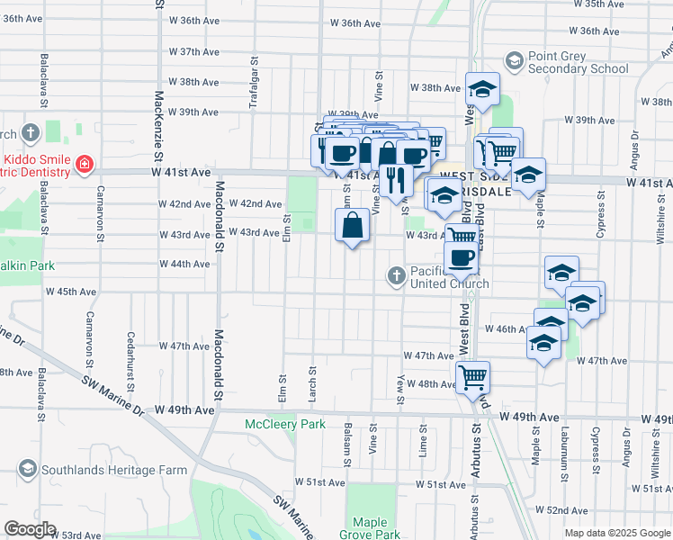 map of restaurants, bars, coffee shops, grocery stores, and more near 6055 Balsam Street in Vancouver