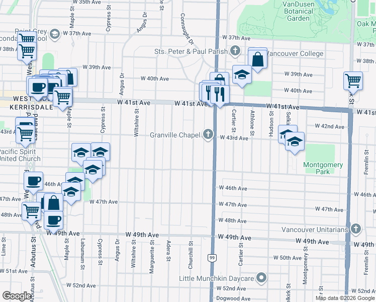 map of restaurants, bars, coffee shops, grocery stores, and more near 5989 Churchill Street in Vancouver