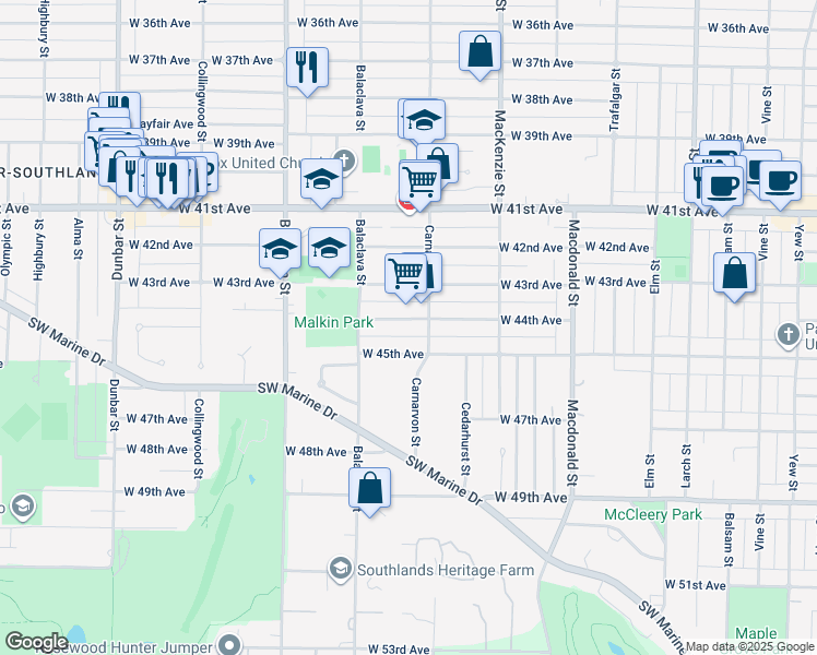 map of restaurants, bars, coffee shops, grocery stores, and more near 3044 West 44th Avenue in Vancouver