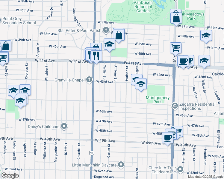 map of restaurants, bars, coffee shops, grocery stores, and more near in Vancouver