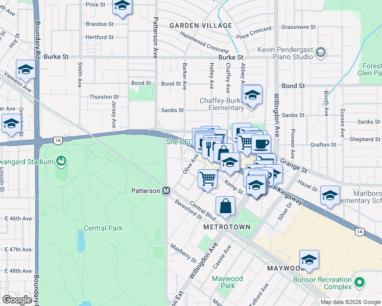 map of restaurants, bars, coffee shops, grocery stores, and more near 5885 Olive Avenue in Burnaby