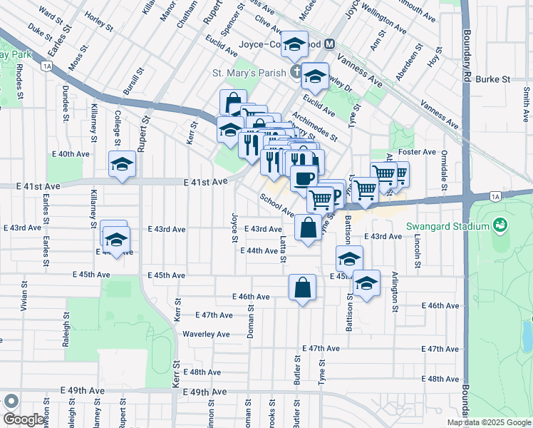 map of restaurants, bars, coffee shops, grocery stores, and more near 3275 Marmion Avenue in Vancouver