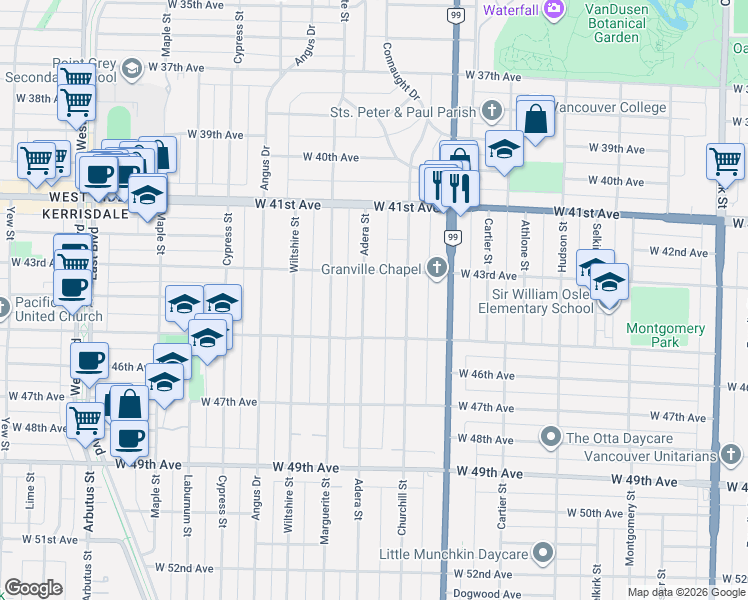 map of restaurants, bars, coffee shops, grocery stores, and more near 5988 Adera Street in Vancouver