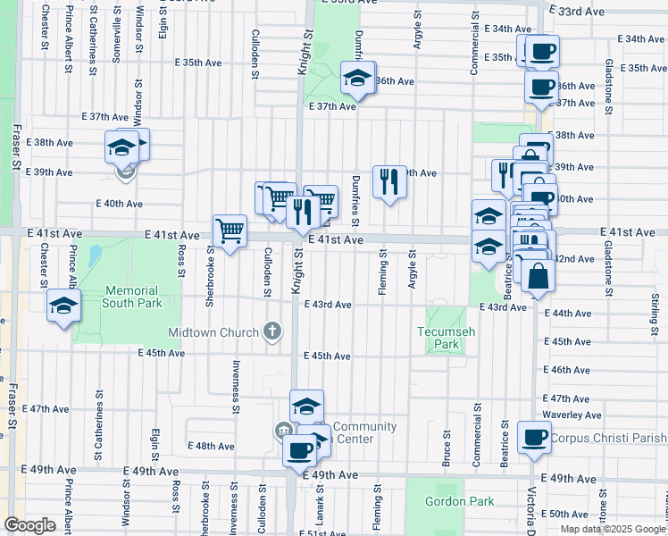 map of restaurants, bars, coffee shops, grocery stores, and more near 5808 Lanark Street in Vancouver